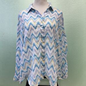 Kim Rogers Petite XL Button Up Blouse Blue Yellow Chevron Lightweight 100% Linen